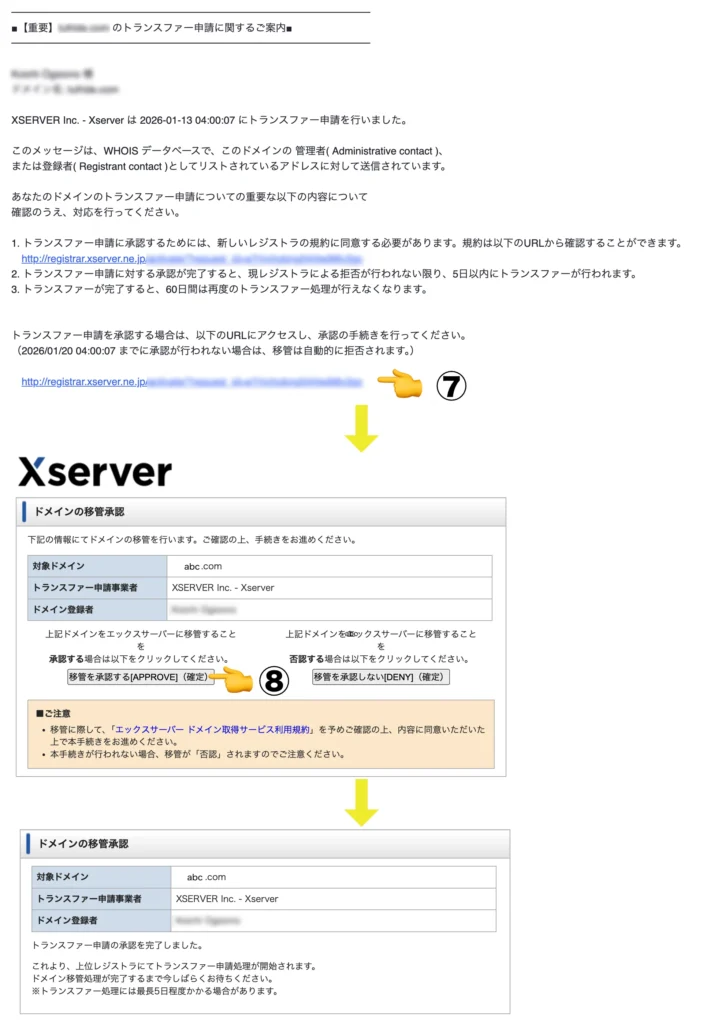 ドメイン移管申請：移管先ドメイン（Xserver Domainエックスサーバードメイン）でのトランスファー申請に関するご案内メール